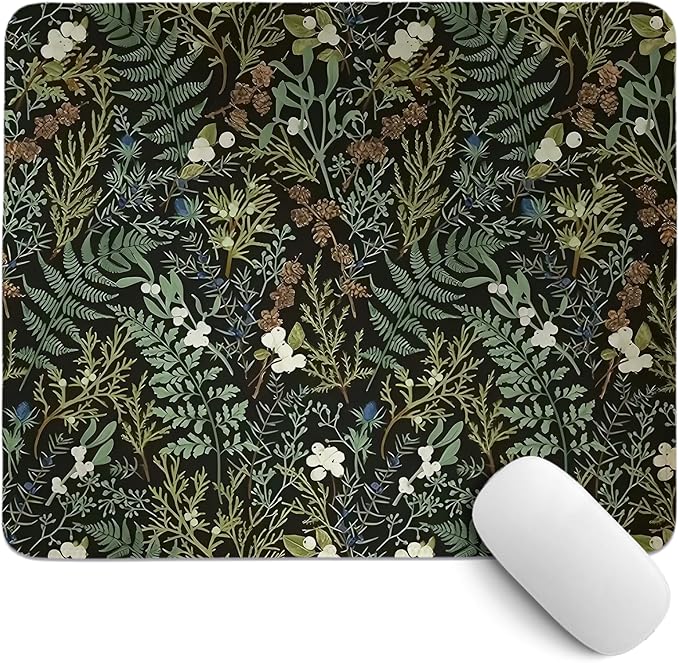 Vintage Dark Green Plant Mouse Pad,Green Fern Leaves Botanical Desk Mat, Wildflower Garden Aesthetic Mouse Pad for Dorm Home Office Desktop Decor,10.2x8.2Inch