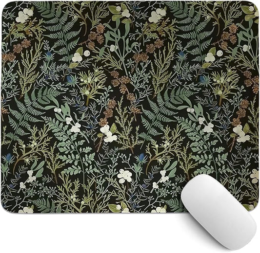 Vintage Dark Green Plant Mouse Pad,Green Fern Leaves Botanical Desk Mat, Wildflower Garden Aesthetic Mouse Pad for Dorm Home Office Desktop Decor,10.2x8.2Inch