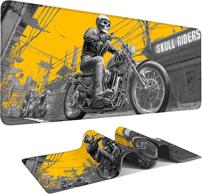 Skull Rider Cyberpunk Motorcycle Gaming Mouse Pad XL 31.5"x11.8" – Bold Yellow Graphic Desk Mat – Anti-Slip Rubber Base & Durable Stitched Edges for Gamers
