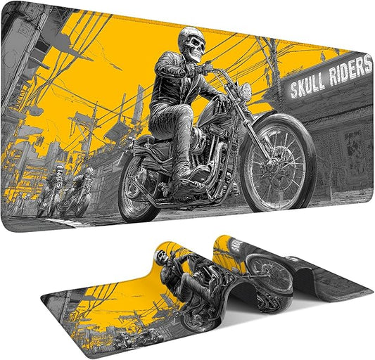 Skull Rider Cyberpunk Motorcycle Gaming Mouse Pad XL 31.5"x11.8" – Bold Yellow Graphic Desk Mat – Anti-Slip Rubber Base & Durable Stitched Edges for Gamers