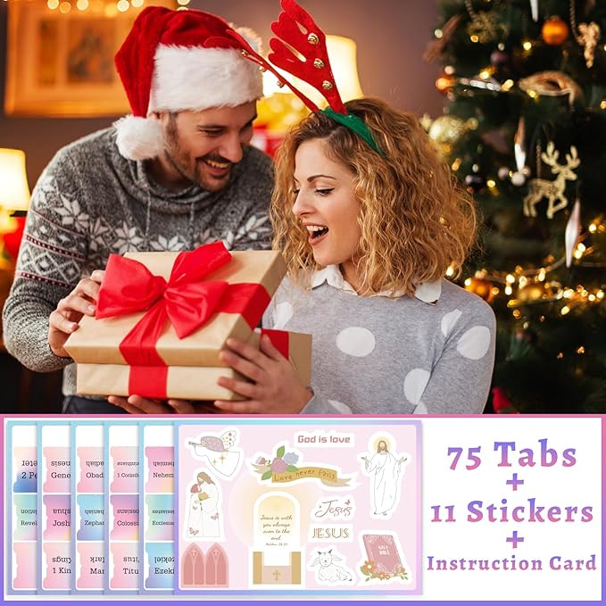 Bible Tabs with Unique Stickers, Bible Tabs for Women, Laminated Bible Tabs, Christian Gifts, Large Print Bible Tabs for Easy Navigation, Bible Book Index Tabs Labels, Bible Study Supplies (Rainbow)