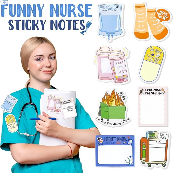 8 Pcs Funny Nurse Sticky Notes Doctors Medical Notepad Memo Pads Nursing Essentials Graduation Appreciation Gifts Office Stationery Supplies for Hospital CNA Healthcare Workers School Students Teacher