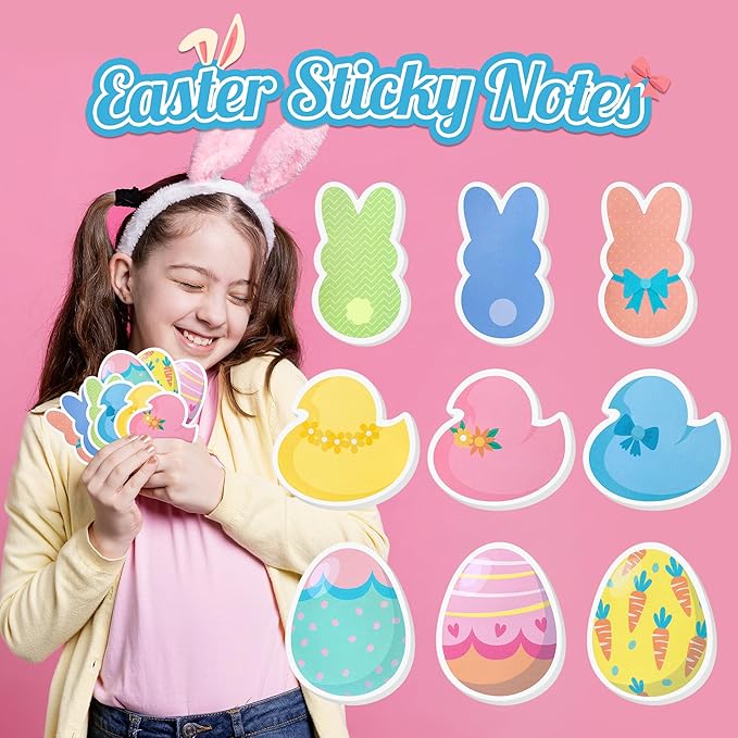 9 Packs Easter Sticky Notes Colorful Bunny Chick Egg Self-Adhesive Notepads Memo Pads Sunday School Classroom Office Stationery Supplies Spring Holiday Party Favors Basket Stuffers Gifts, 270 Sheets