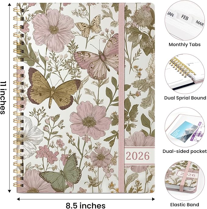 2026 Planner, Weekly and Monthly Planner for Women, Jan 2026 - Dec 2026 Pretty 2026 Calendar Planner with Monthly Tabs, Inner Pocket, Spiral Binding, Perfect for Office Home School - 8.5" x 11", Pastel Floral