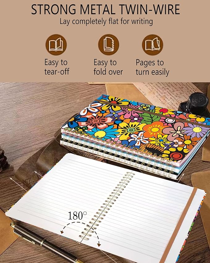Spiral Journal Notebook, A5 Cute Notebooks for Women Men, College Ruled Hardcover Notebook for Work & Note Taking, 60 Pages Double-Wire Journals for Writing, Cute Colorful Boho Flowers