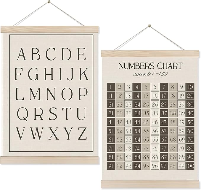 Koesus Alphabet Number Chart 1-100 Learning Wall Art Poster Hanger Frame 12x16 Inch Set of 2, Educational Canvas Pictures Prints Framed Wall Decor for Classroom Toddler Kids Room Nursery Playroom