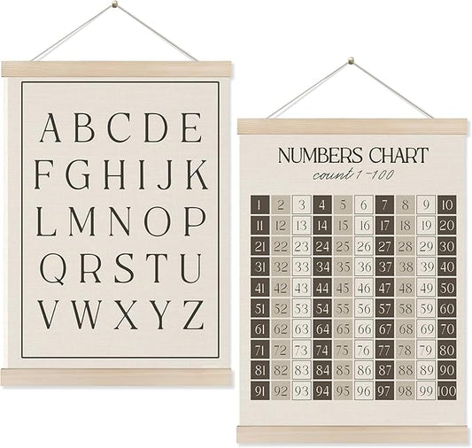 Koesus Alphabet Number Chart 1-100 Learning Wall Art Poster Hanger Frame 12x16 Inch Set of 2, Educational Canvas Pictures Prints Framed Wall Decor for Classroom Toddler Kids Room Nursery Playroom