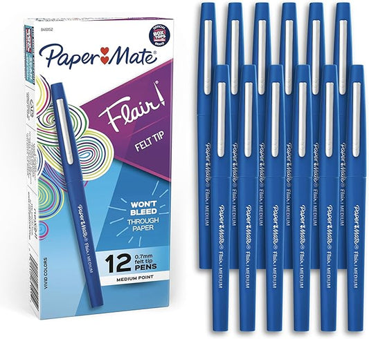 Paper Mate Flair Felt Tip Pens, Medium Point (0.7mm), Blue, 12 Count - Teacher Supplies, Arts & Crafts, Back to School