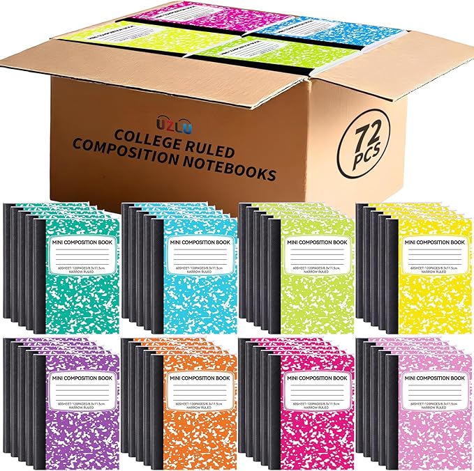 72 Pack Mini Composition Notebooks Bulk College Ruled Half Composition Notebook Narrow Ruled Small Pocket Marble Journal 8 Colors-4.5" x 3.25"-60 Sheets for Students Office School Supplies