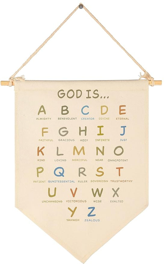 God Is A-Z Alphabet Wall Art-Canvas Banner Flag Sign Pennant Wall Decor Gift for Nursery Classroom Reading Room Playroom Homeschool,Bible Verse Scripture Affirmation-Christian Poster for Baby Kids