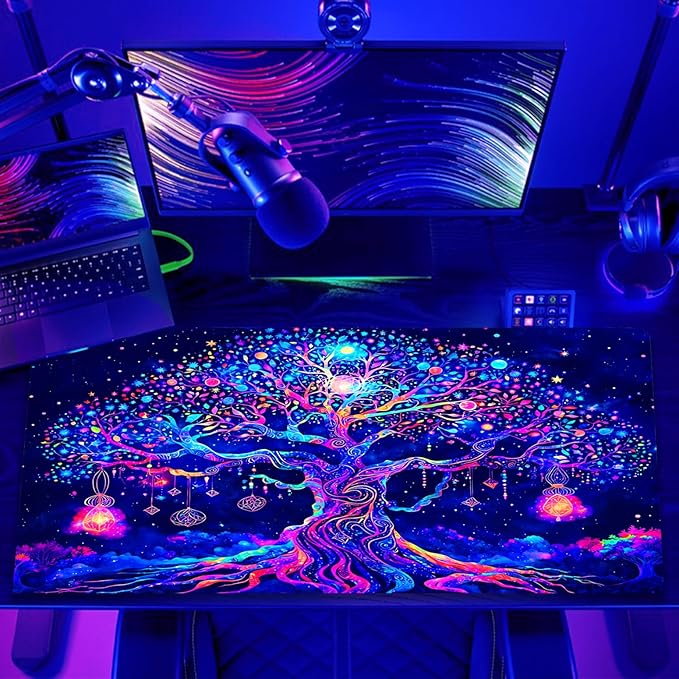 Manicer Colorful Tree of Life Mouse Pad, Blacklight Gaming Extended Large Desk Pad, UV Reactive Waterproof Long Keyboard Big Mouse Mat with 3mm Non-Slip Rubber Base for Office Home - 31.5" x 11.8"