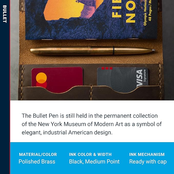 Fisher Space Pen Bullet Space Pen, Brass Alloy Pressurized Ballpoint Pen, Compact Pocket Size, Writes Upside Down and in Extreme Temperatures, Smooth Black Ink, Medium Point, Gift Box, Made in the USA