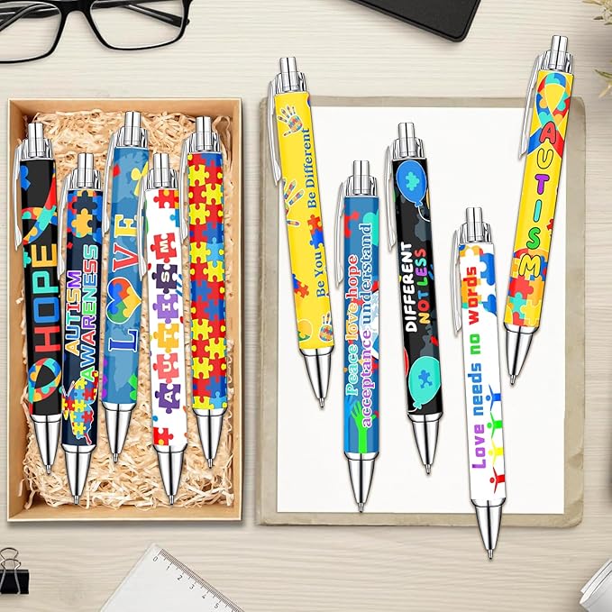 Idealmuzik Autism Awareness Ballpoint Pens, 10 Pack – Inspirational Quote Pens with Puzzle & Heart Designs, Encouraging Writing Pens for Office, School, Events & Everyday Use