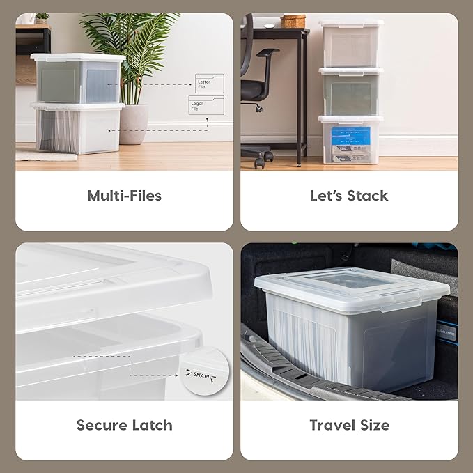 IRIS USA File Box, Plastic File Boxes With Lids, Document Organizer for Letter/Legal File, Document Box, Storage Bin For Hanging Files, Secure Latching Lid Stackable BPA-Free, Clear 35 Qt. 1 Pack