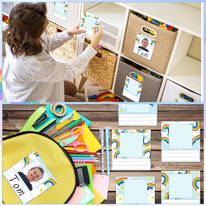 48 Pcs Photo Nameplates for Desk Name Tags Labels Stickers with Photo Space Self-Adhesive Labels Bulletin Board Colorful Indoor Decoration for Desk Bins Cubbies Office Supplies (Rainbow)