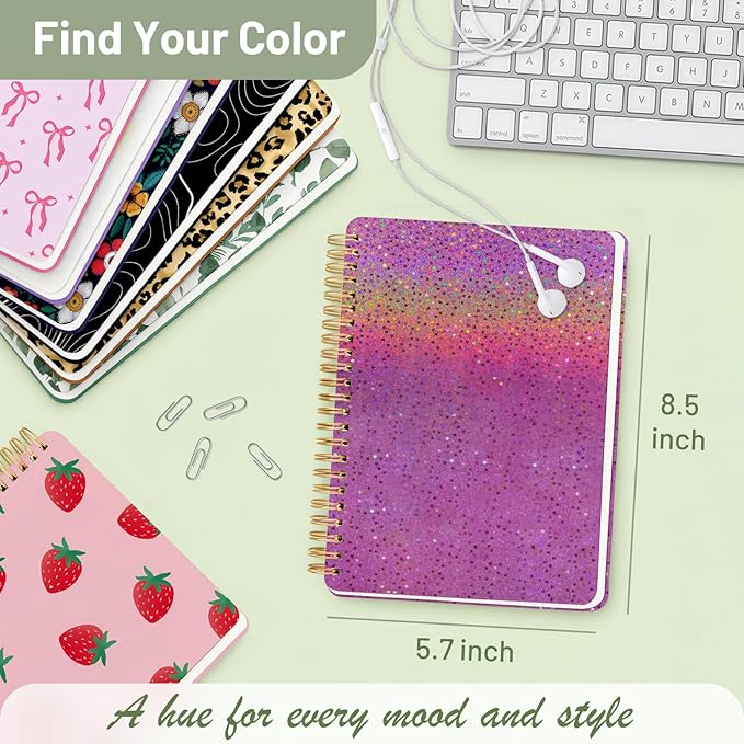 Stanoha Cute Spiral Notebook A5 Journal for Women Girls Kawaii Aesthetic Pretty Floral Design with Pocket, 8.5 x 5.7 inch, Graph, Pink Glitter