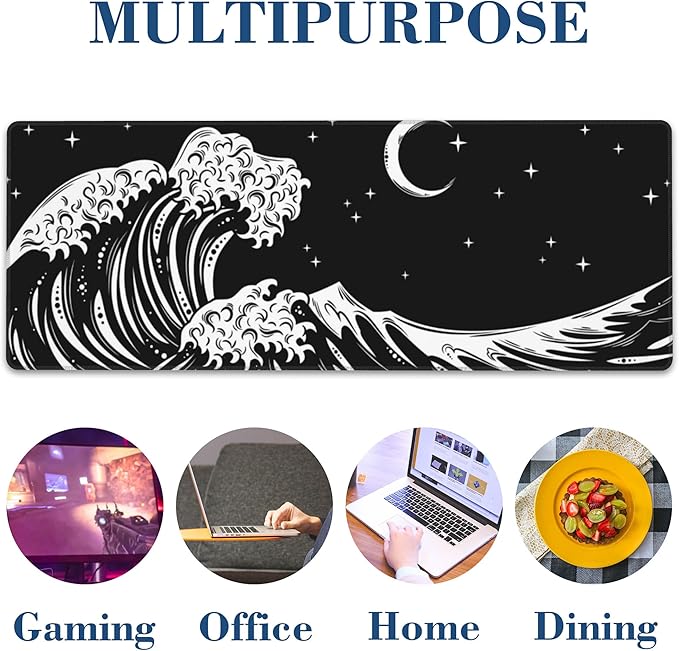 Sea Wave Mouse Pad Desk Mat XL Large Gaming Mousepad Extended Computer Keyboard Mat with Non-Slip Rubber Base and Stitched Edge 11.8 x 31.5 Inch for Gaming and Office Work