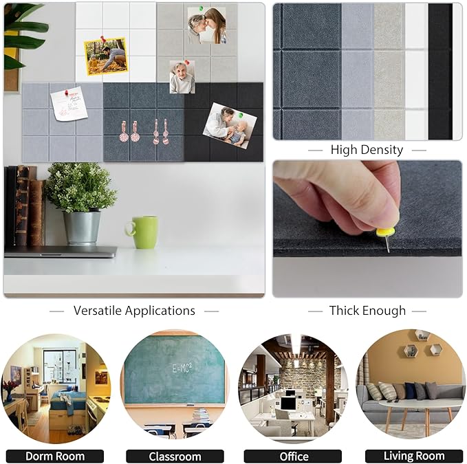 BXI Felt Bulletin Board - 12 X 12 X 3/8 Inches 6 Pcs Self-Adhesive Poster Cork Board with 30 Push Pins, Thick Pin Tiles Display Vision Board, Photo Picture Panels for Home Office Classroom Walls