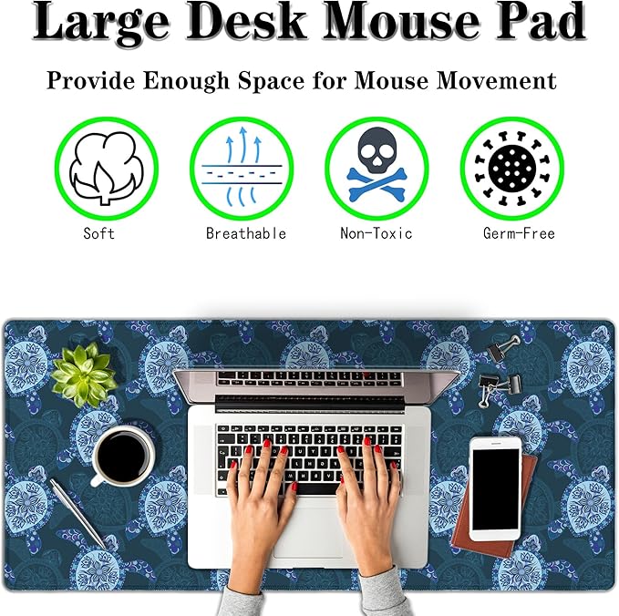 Computer Desk Mat Blue Mats, Gaming Mouse Pads Big Mouse Pad, Desk Pads Large Non-Slip Rubber Base Waterproof with Stitched Edges, 35.4 X 15.7 inch for Work/Game/Office/Home Turtle Pattern