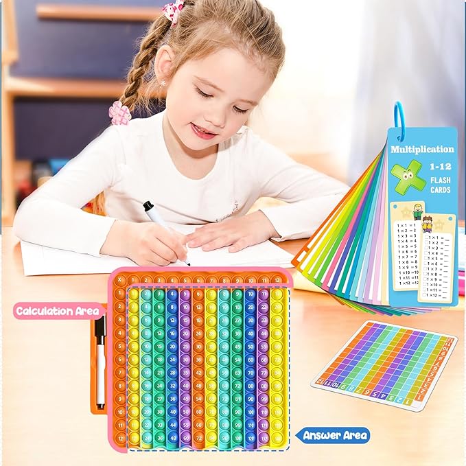 Multiplication Flash Cards + Pop Fidget Multiplication Chart, Times Table Educational Flashcard 3rd Grade, 4th, 5th, 6th Grade for Kids Home School