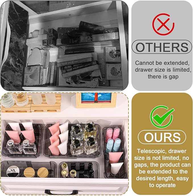 8 Pcs Mixed Extendable Clear Drawer Organizer, All Adjustable Vanity Storage Box, 3-Size Desk Drawer Organizer, Acrylic Storage Bins for Makeup, Bedroom Dressers Tool Organizer for Gadgets, Black