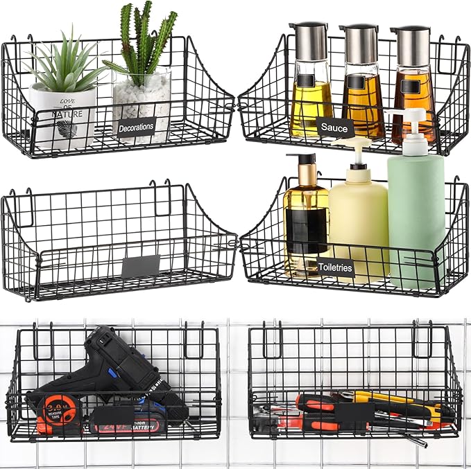 Blulu 4 Pcs Wire Wall Basket, Black Metal Grid Basket with Hooks Wall Hanging Storage Accessory for Vendor Trade Shows Kitchen Bathroom Pantry Supplies(11 x 6 x 5 Inch)