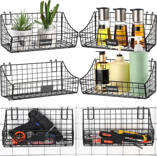 Blulu 4 Pcs Wire Wall Basket, Black Metal Grid Basket with Hooks Wall Hanging Storage Accessory for Vendor Trade Shows Kitchen Bathroom Pantry Supplies(11 x 6 x 5 Inch)