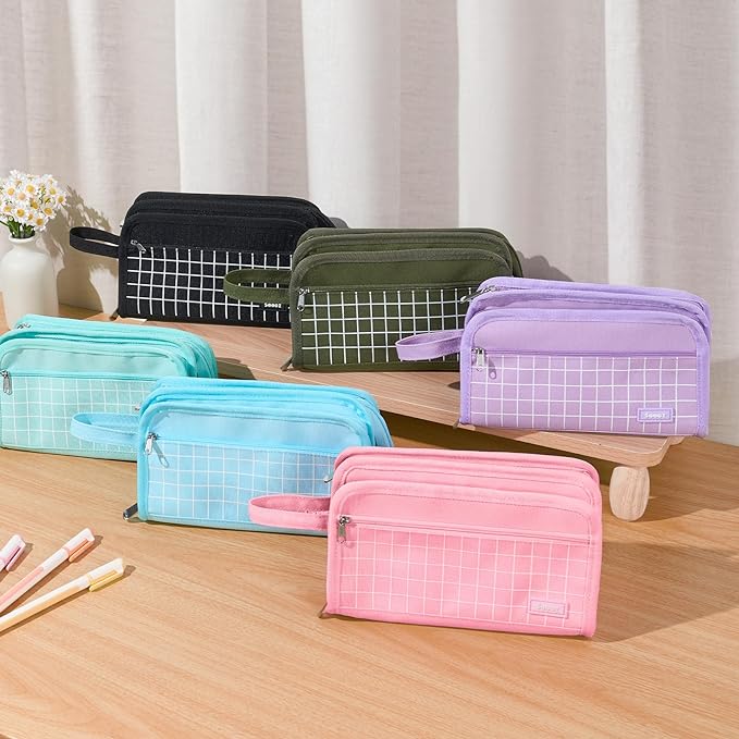 Sooez Large Pencil Case, Big Capacity Pencil Pouch Pen Bag with 3 Compartment, Portable Canvas Stationery Organizer with Zipper, Cute Aesthetic School Supplies for Teen Girls, Celadon with Plaid