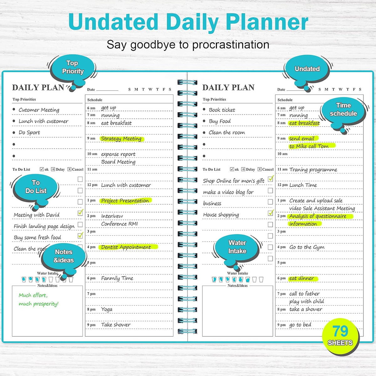 Daily Planner Undated: Asten To Do List Notebook Day Planners, (A5, Blue) Spiral Hourly Planner Appointment Schedule Planner for Men and Women,PVC Hardcover,Elastic Closure, Inner Pocket 8.3" x 5.8"