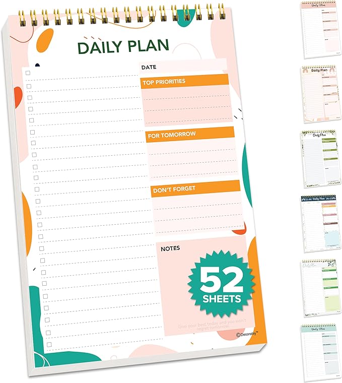 Decorably 52 Sheets Vibrant Pastel Undated Daily to Do List Notepad Spiral, 6.5x10in Spring-Bound Planner Pad, Easy Tear-Off Design, with Priorities, Checklist, Agenda, Reminders, Notes - Home, School