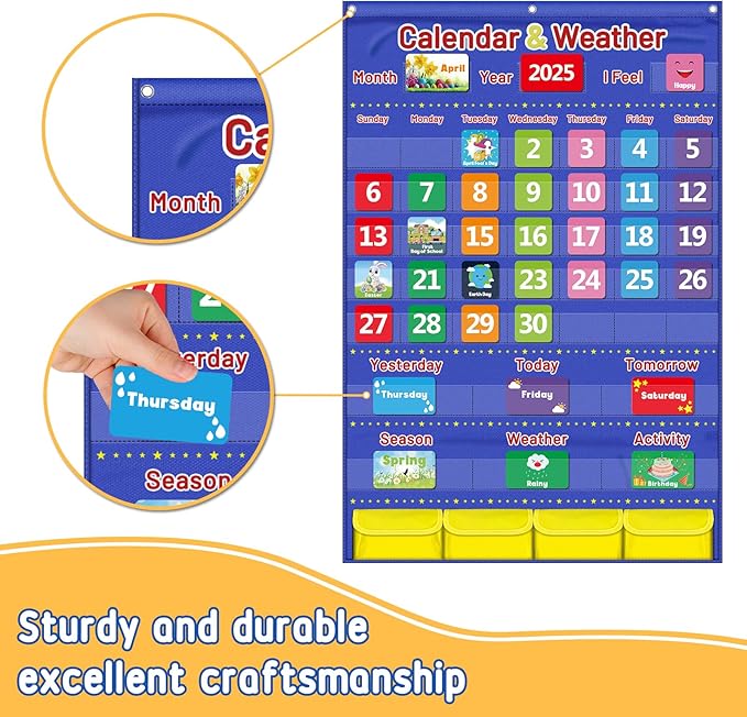 Blue Classroom Calendar Pocket Chart for Kids - Monthly Weather Seasons Learning Chart with 113 Cards | Teacher Must Haves for Kindergarten, Preschool, Homeschool | Interactive Educational Wall Chart