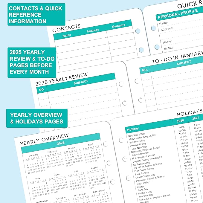 2026 Planner Refills - 4" x 7", A6 Weekly and Monthly Planner Inserts, Jan. 2026 - Dec. 2026, Planner Refills 2026, 6 Holes, Colorful Monthly Tabs