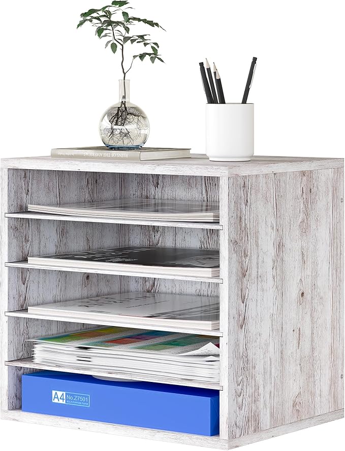 Mail Sorter Organizer, Letter Size Wood Desktop File Organizer, Sturdy Paper Storage Office Supplies with Adjustable Shevles for Office，5 Compartments Whitewashed