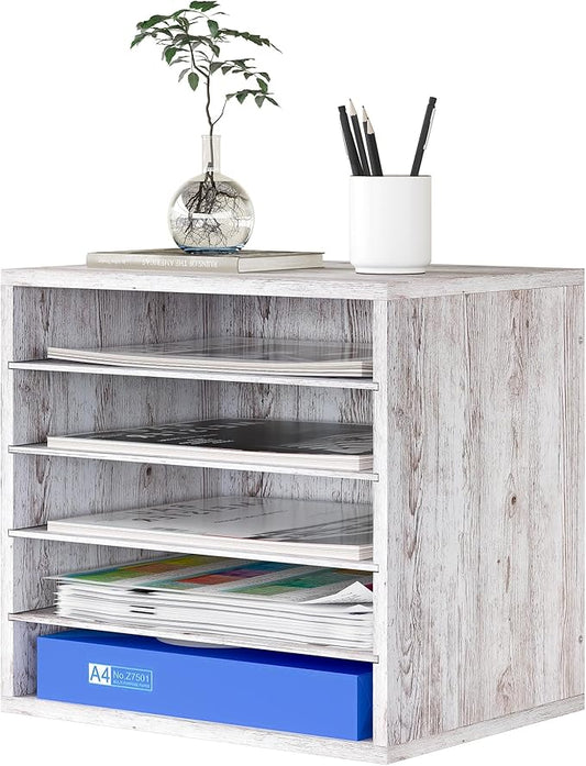 Mail Sorter Organizer, Letter Size Wood Desktop File Organizer, Sturdy Paper Storage Office Supplies with Adjustable Shevles for Office，5 Compartments Whitewashed
