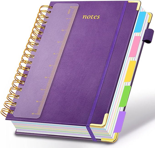 Hardcover Spiral Notebook 8"x10" Journal Notebook with Tabs and Removable Dividers 300 Pages 5 Subject Notebook College Ruled, Faux Leather Spiral Bound Notebook for Women School Work (Purple)