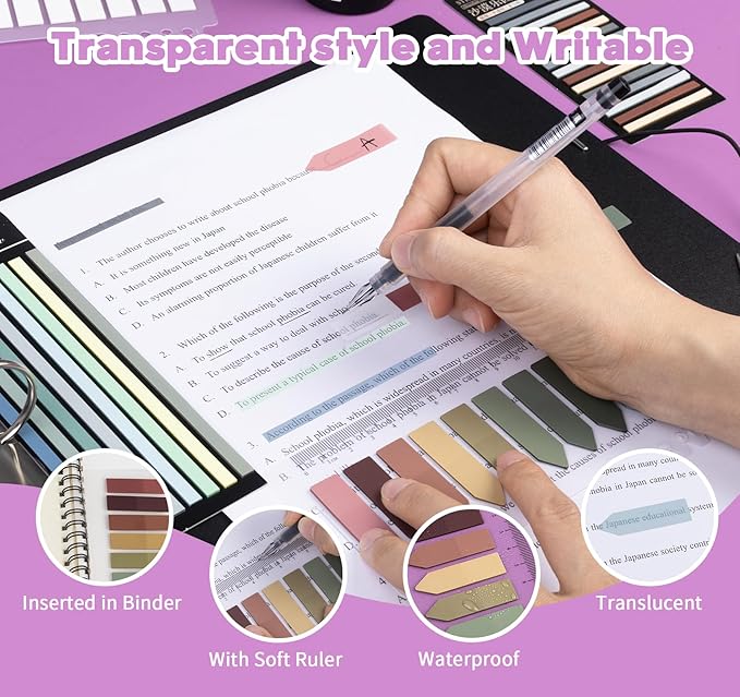Sticky Tabs for Annotating Books,1260pcsTranslucent Self-Sticky Morandi Book Tabs for Binders,6 Styles Page Markers Writable&Repositionable Book Flags Strip for Journal Office School Stationery