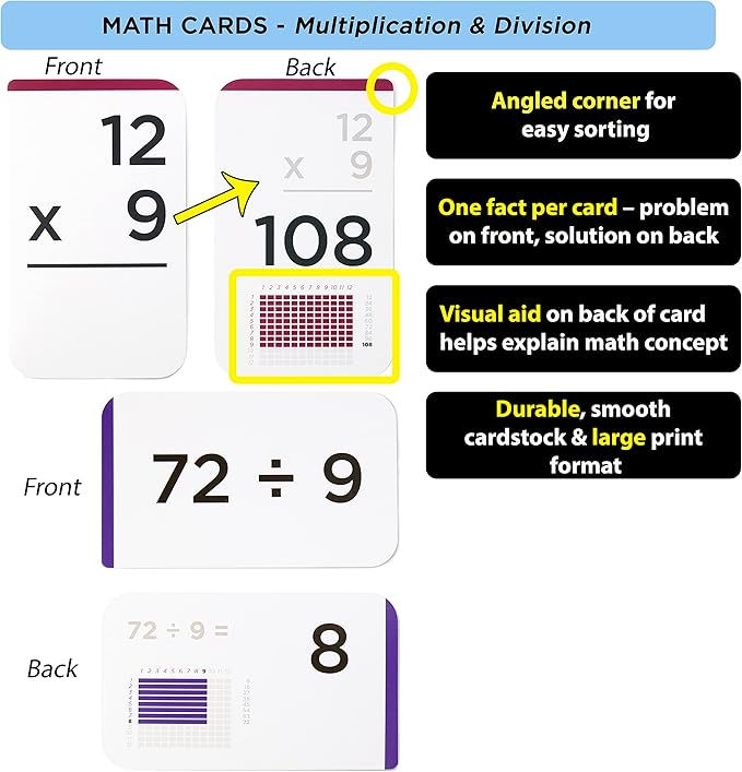 Award-Winning Math Flash Cards – 711 Multiplication & Division Facts (0–12) – Jumbo Cards (3.1” x 5.2”), Visual Aids, 2 Dice, Games, Charts & Mastery Divider Tabs – Grades 3–6 Classroom & Homeschool
