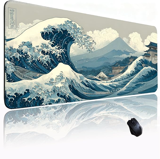Kanagawa Wave Surfing Mouse pad,Large Japanese Anime Pattern Desk mat with Sewn Edges, microwoven Fabric, Easy to Clean, Suitable for Laptop Gaming Mouse pad (31.5×11.8in)