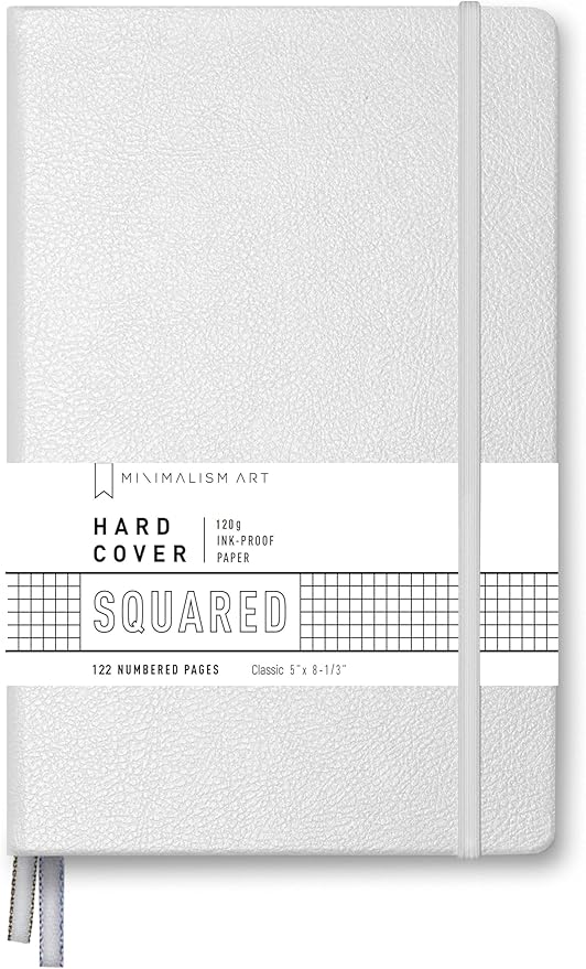Minimalism Art, Premium Hard Cover Notebook Journal, Classic 5" x 8.3", 122 Numbered Pages, Gusseted Pocket, Ribbon Bookmark, Extra Thick Ink-Proof Paper 120gsm, San Francisco (Squared, White)