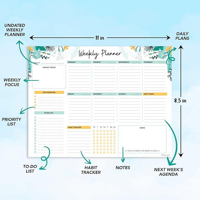 Decorably 52 Sheets Mint Green Undated Weekly Planner Notepad - 6.5x10in Spring-Bound Pad, for Focus, Priorities, to-Do List, Habit Tracker, Agenda, Notes - Home, School, Office