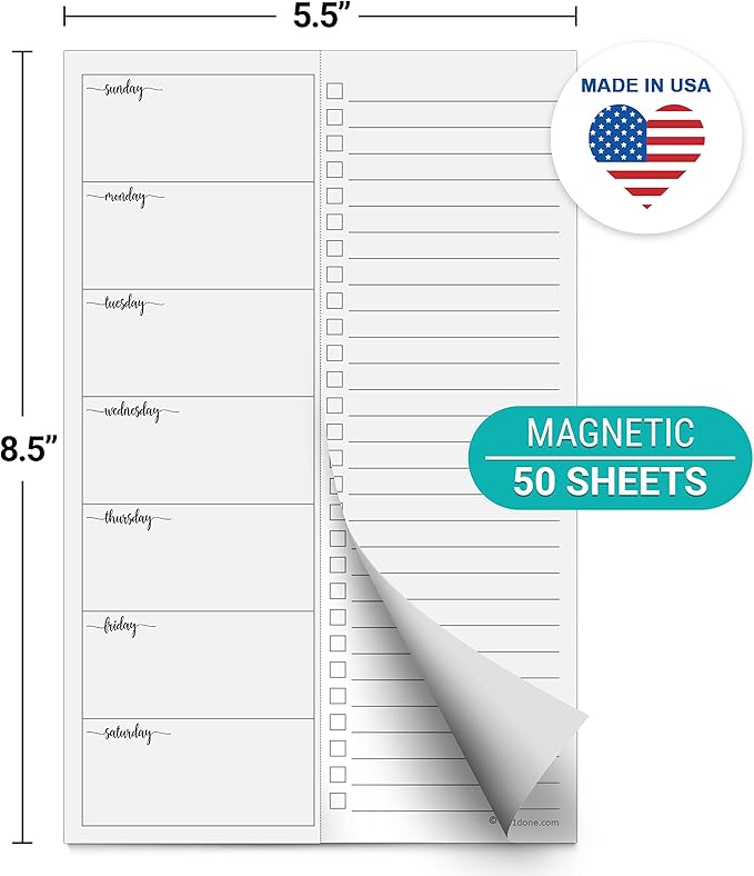 321Done Weekly Plan Magnetic Notepad – Checklist Made in USA – Two Column, 50 Sheets (5.5x8.5) Small to-Do Week Planning Memo Pad Meal Menu Planner Inserts Grocery Shopping Schedule Sunday Start