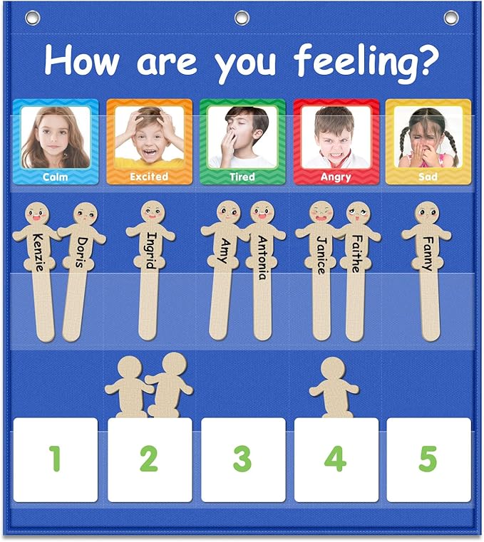Eamay Emotions and Feelings Pocket Chart for Kids with 31 Cards,Social Emotional Learning Pocket Chart for Classroom and Home-School,Blue