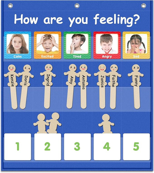 Eamay Emotions and Feelings Pocket Chart for Kids with 31 Cards,Social Emotional Learning Pocket Chart for Classroom and Home-School,Blue