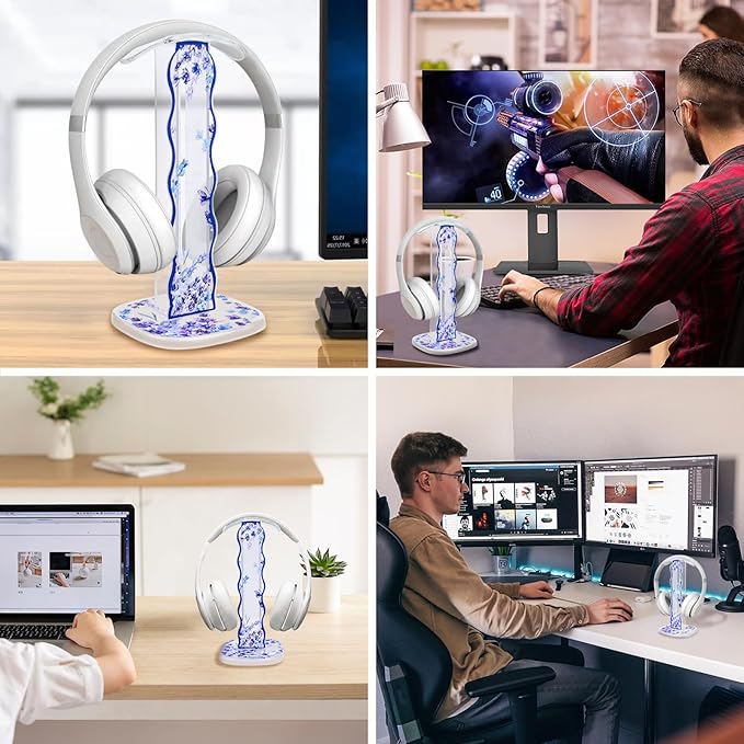 CamyCosy Headphone Stand Gaming Headset Holder for Desk,Unique Purple Lavender Flowers Pattern Clear Cellphone Stand Earphone Stand Desk Accessories for All Headphones Size