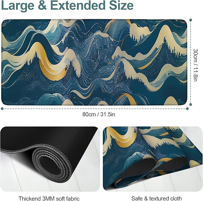 Abstract Waves Extended Mouse Pad XL 31.5"x11.8" – Elegant Blue Gold Desk Mat – Non-Slip Rubber Base, Stitched Edges