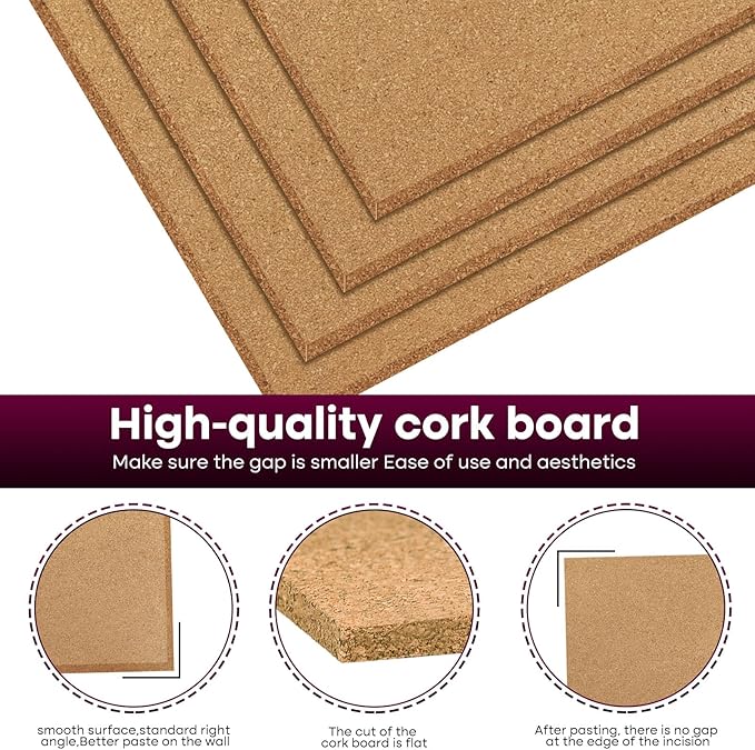 Cork Board 6 Pack 12"x12" - 1/2" Bulletin Boards Self Adhesive Corkboards for Wall School Home Office with 100 Push Pins