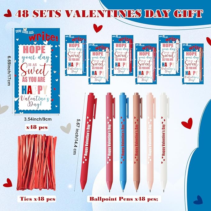 Cholemy 48 Sets Valentine Day Gifts Sets Include Motivational Ballpoint Pen with Greeting Card and Cable Ties for School Classroom Stationery Supplies Teacher Students Practical Gifts