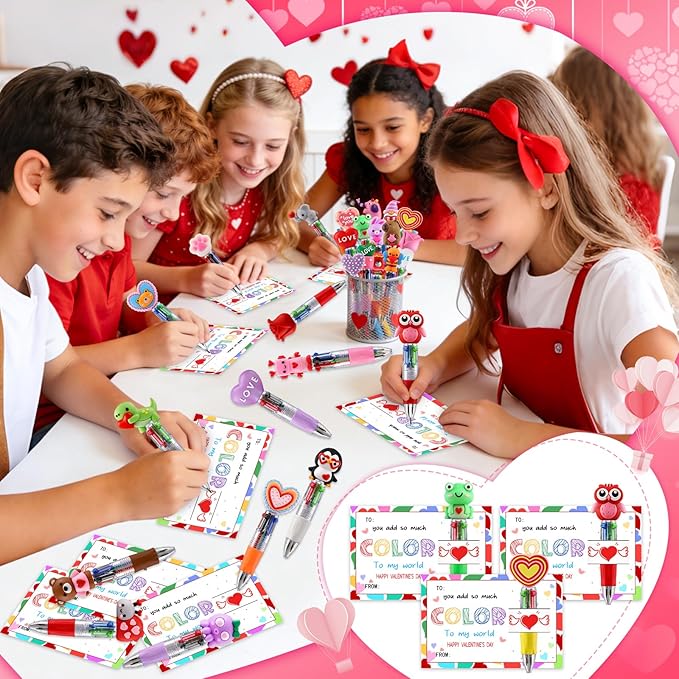 CZWZ 60Pcs Mini Multicolor Pen in One 4-in-1 Cute Pens Bulk for Kids, Ballpoint Pens for Birthdays and Children's Parties, Fun Pens Gifts Assorted Ink Kawaii Pen(Valentine)