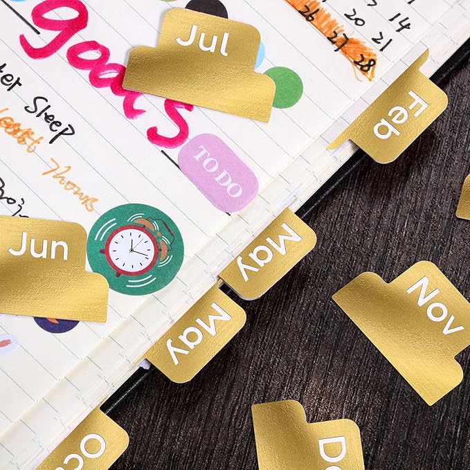 Outus 24 Pieces Monthly Adhesive Tabs for Planner - Designer Accessories Monthly Tabs Stickers Decorative for Office Planners Organizations Sturdy Notebook Planners Journal(Gold)