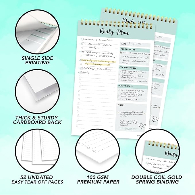 Decorably 52 Sheets Mint Green-Themed Undated Daily to Do List Notepad, 6.5x10in Spring-Bound Planner Pad, Easy Tear-Off Design, with Priorities, Checklist, Agenda, Reminders, Notes - Home, School